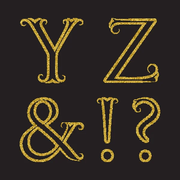 Y, Z letras brillantes doradas, ampersand, exclamación y signos de interrogación — Vector de stock