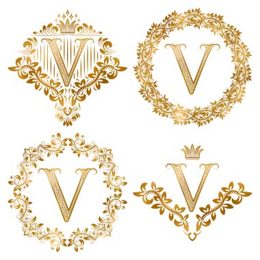 Altın V harfi vintage Monogram ayarla