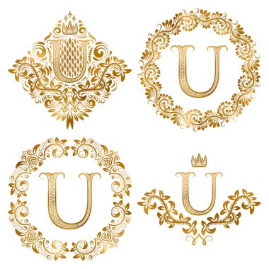Golden U letter vintage monograms set clipart