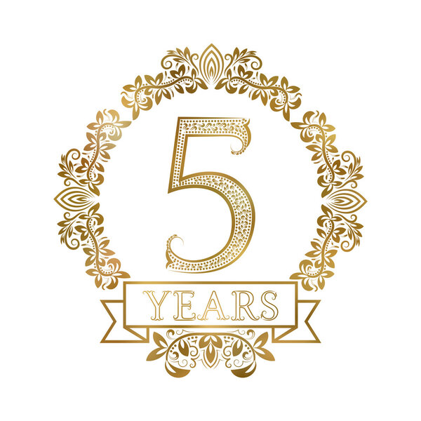 Five years anniversary celebration golden vintage logotype.