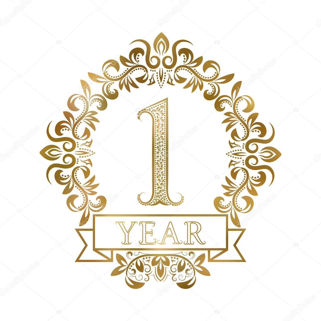 One year anniversary celebration golden vintage logotype — Stock Vector