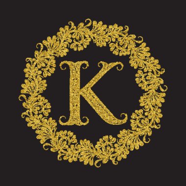 Altın ışıltılı K harfi monogram vintage tarzı