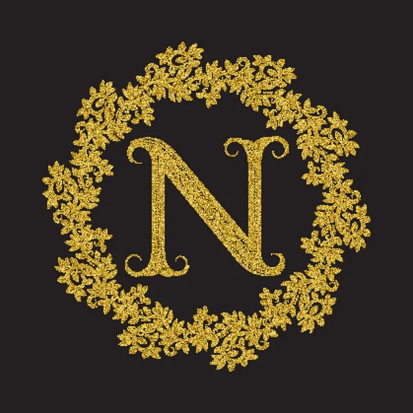 Carta dourada brilhante N monograma em estilo vintage — Vetor de Stock