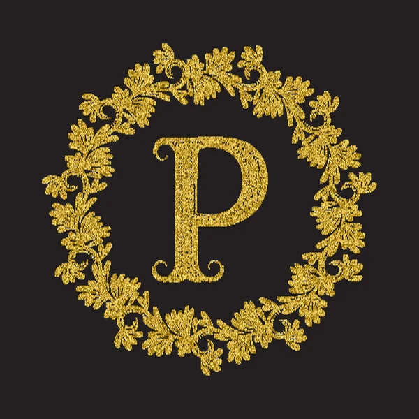 Gouden glittering letter P monogram in vintage stijl — Stockvector