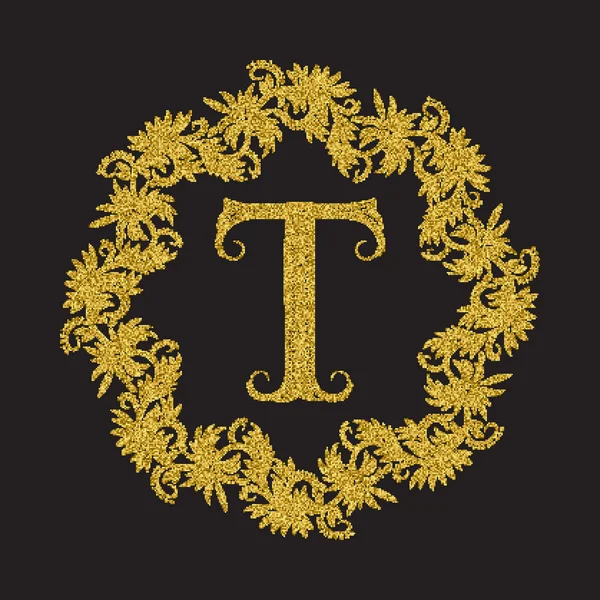 Golden glittering letter T monogram in vintage style — Stock Vector