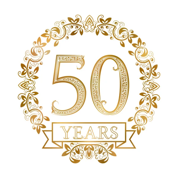 Golden emblem of fiftieth years anniversary in vintage style. — Stock Vector