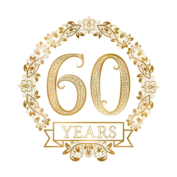 Golden emblem of sixtieth years anniversary in vintage style. — Stock Vector