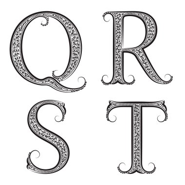 Q, R, S, T vintage desenli harfleri.
