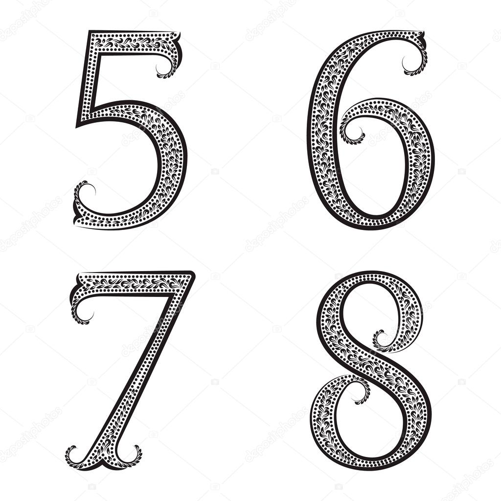 Five Six Seven Eight Vintage Patterned Numbers Stock Vector