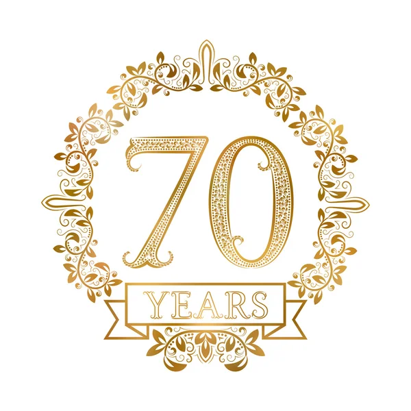 Emblema de oro de setenta años aniversario en estilo vintage . — Vector de stock