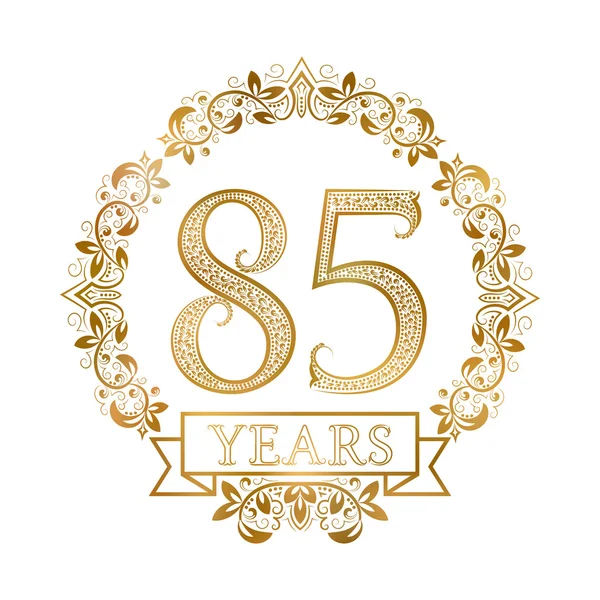 Emblema de oro de ochenta y cinco años aniversario en estilo vintage — Vector de stock