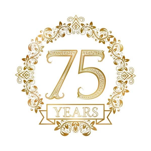 Emblema de ouro de setenta e cinco anos aniversário em estilo vintage . —  Vetores de Stock