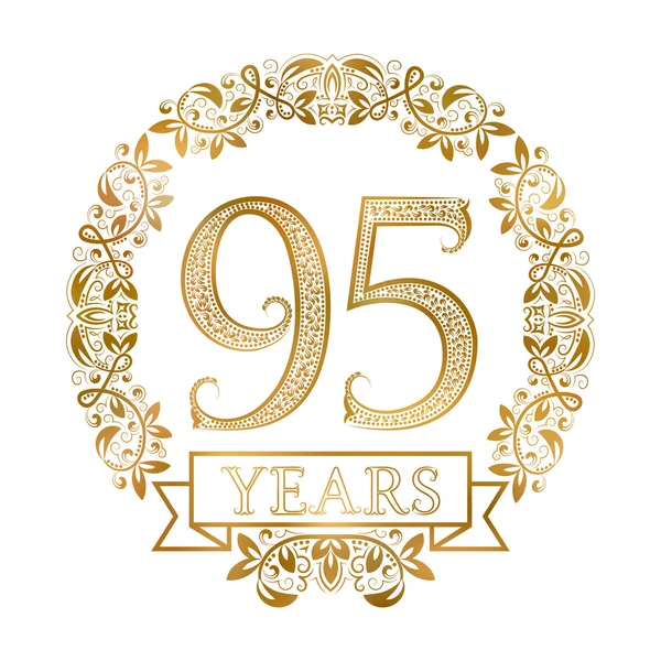 Emblema de oro de noventa y cinco años aniversario en estilo vintage — Vector de stock