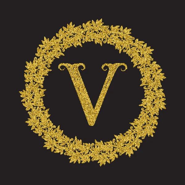 Gyllene glittrande bokstaven V monogram i vintage stil — Stock vektor