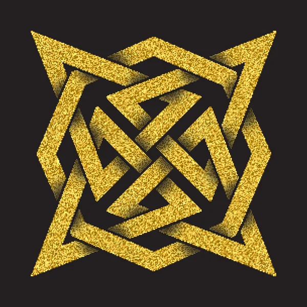 Gyllene glittrande symbol i fyra pekade stjärna labyrint form — Stock vektor