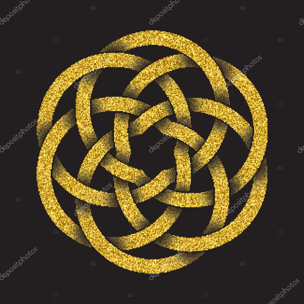 Golden glittering logo template in Celtic knots style on black background. Tribal symbol in circular mandala form. Gold ornament for jewelry design.