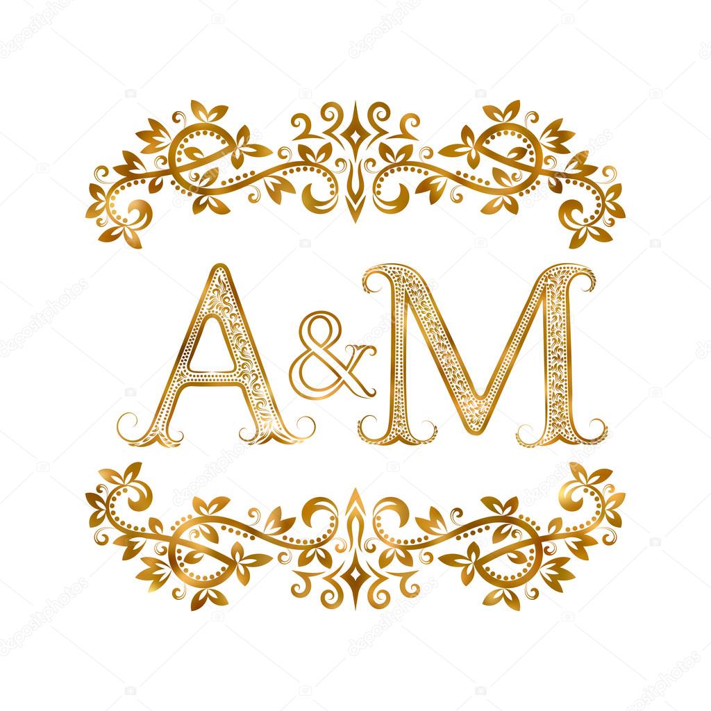 A&M vintage initials logo symbol. Letters A, M, ampersand surrounded floral ornament. Wedding or business partners initials monogram in royal style.