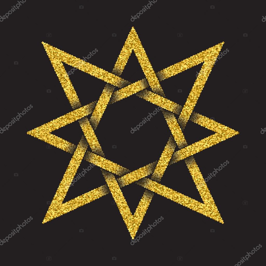 Golden glittering logo template in Celtic knots style on black background. Tribal symbol in eight pointed star form. Gold ornament for jewelry design.