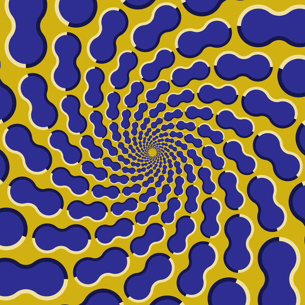 Синие формы разлетаются от центра на жёлтом фоне.
.