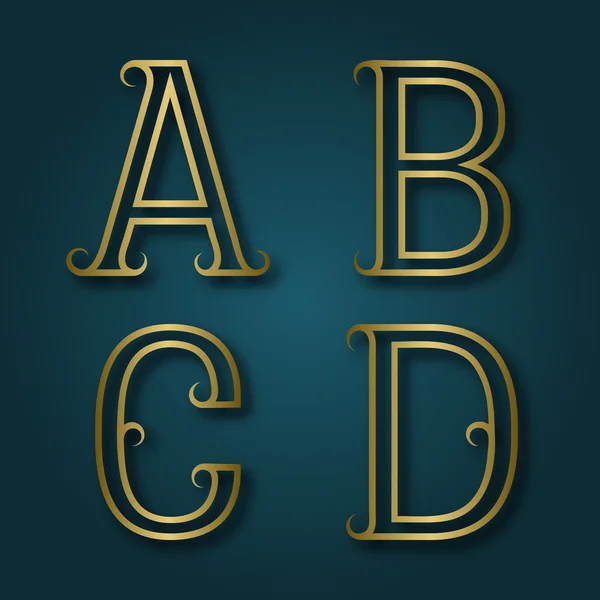 A, B, C, D letras doradas brillantes con sombra . — Vector de stock