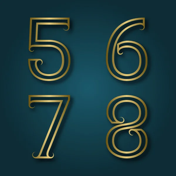 Fünf, sechs, sieben, acht goldglänzende Zahlen mit Schatten. — Stockvektor