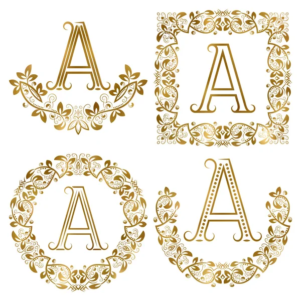 Golden A letter ornamental monograms set. — Stock Vector
