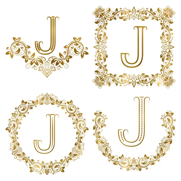 Conjunto de monogramas ornamentales letra J dorada . — Vector de stock
