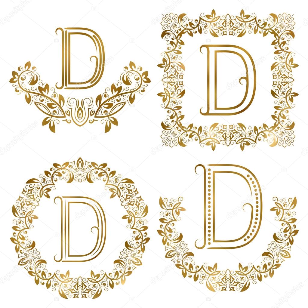 Golden D letter ornamental monograms set. Heraldic symbols in wreaths, square and round frames.