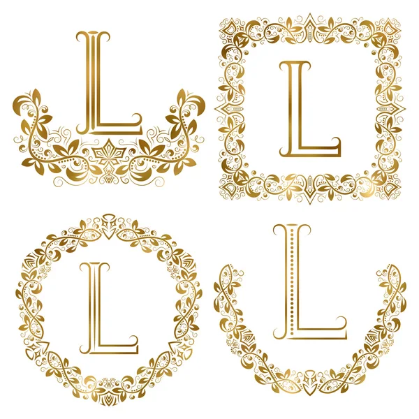 Golden L letter ornamental monograms set. — Stock Vector