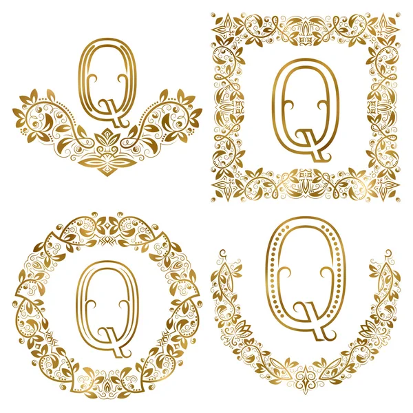 Conjunto de monogramas ornamentales de letra Q dorada . — Vector de stock