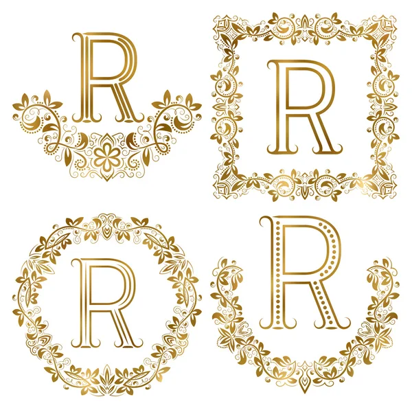 Złote litery R, ozdobnych i monogramami zestaw. — Wektor stockowy