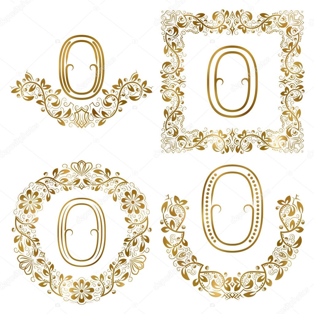 Golden O letter ornamental monograms set. Heraldic symbols in wreaths, square and round frames.