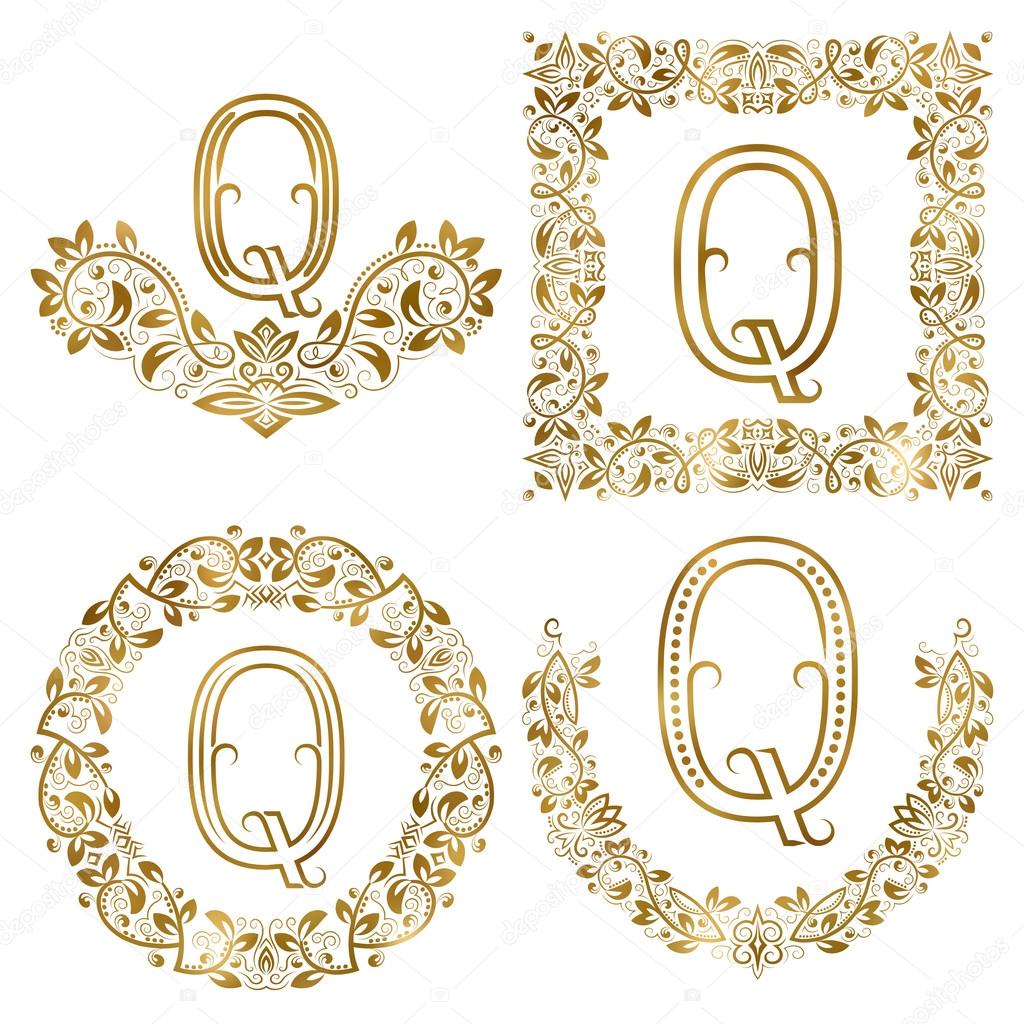 Golden Q letter ornamental monograms set. Heraldic symbols in wreaths, square and round frames.