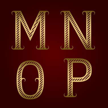 M, N, O, P Altın çizgili flourishes harflerle.