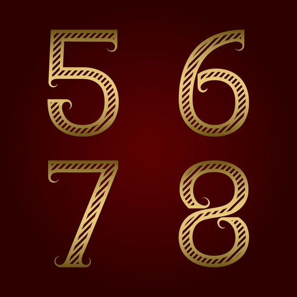 Five, six, seven, eight golden striped numbers with flourishes. — Stock Vector