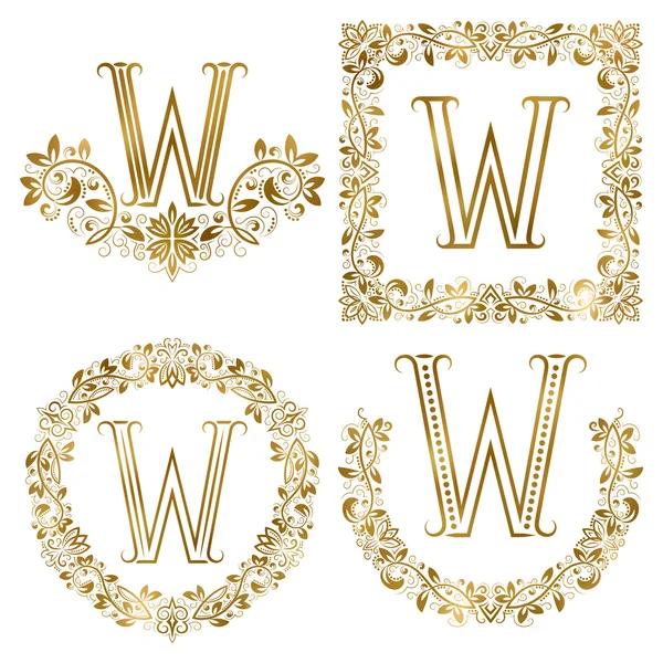 Golden W letter ornamental monograms set — Stock Vector