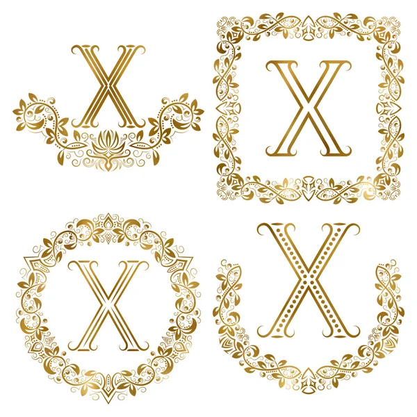 Golden X letter ornamental monograms set. — Stock Vector