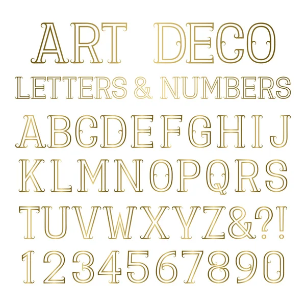 Shiny gold capital letters and numbers in art deco style. — Stock Vector