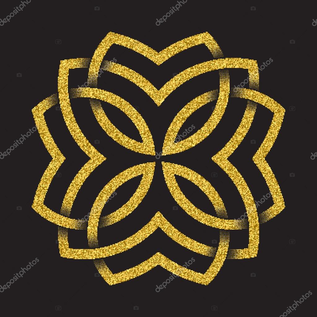 Golden glittering logo symbol in Celtic style on black background. Tribal symbol in four petals mandala form. Gold stamp for jewelry design.
