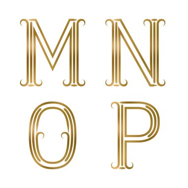 M, N, O, P altın harfler. Yazı tipini flourishes çizgilerle.
