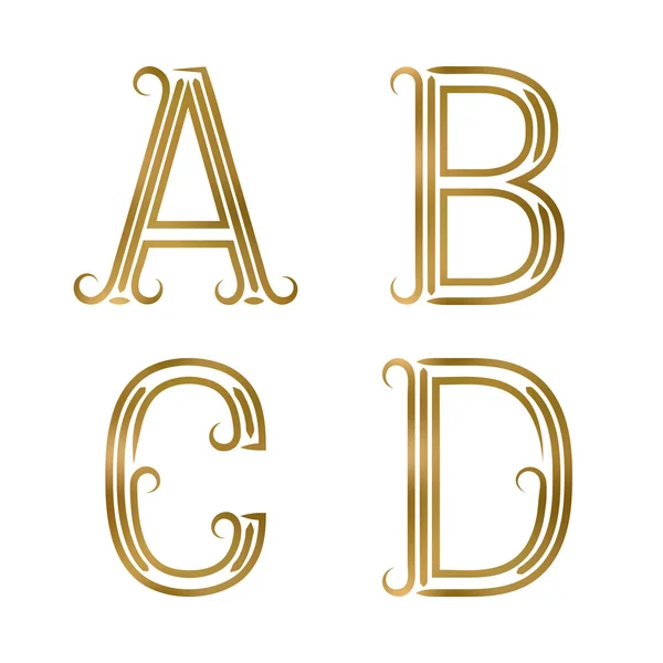 A, B, C, D gouden letters. Lettertype van lijnen met bloeit. — Stockvector