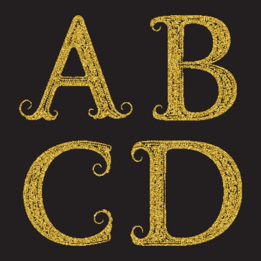 A, B, C, D altın ışıltılı harfler.