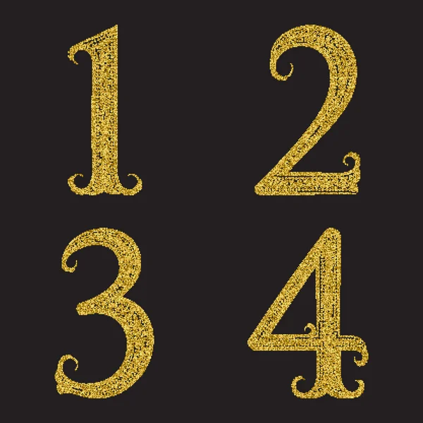 Jeden, dwa, trzy, cztery złote błyszczące numery. — Wektor stockowy