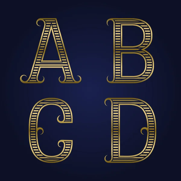 A, B, C, D gouden letters met bloeit geribbeld. — Stockvector