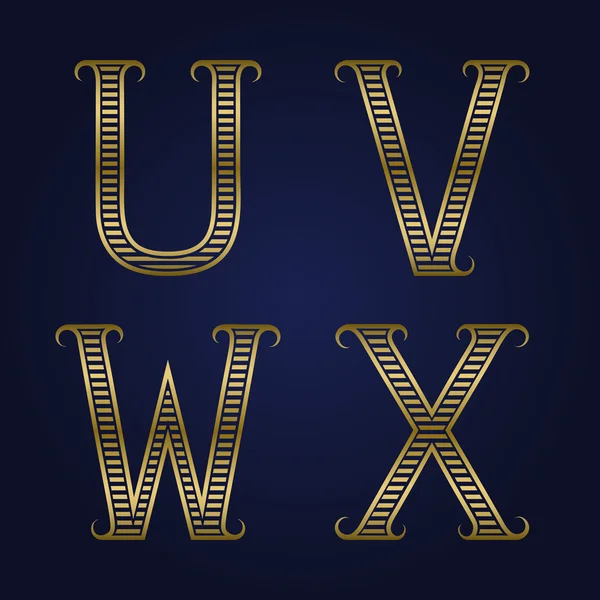 U, V, W, X golden ribbed letters with flourishes. — Stock Vector