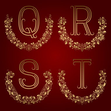 Q, R, S, T vintage Monogram çiçek çelenk içinde.