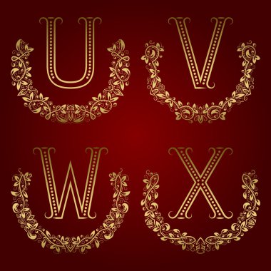 U, V, W, X çiçek çelenk içinde vintage Monogram