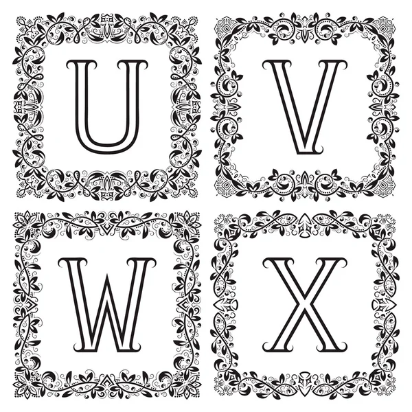 Set di monogrammi vintage. U, V, W, X lettere di contorno in cornici floreali quadrate . — Vettoriale Stock