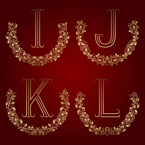 I, J, K, L vintage monogram i blommig kransar — Stock vektor