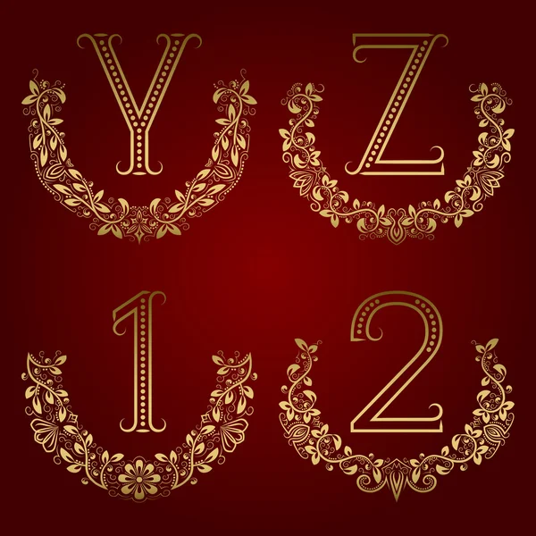 Y, Z monogramas vintage e 1, 2 números em coroas florais . — Vetor de Stock